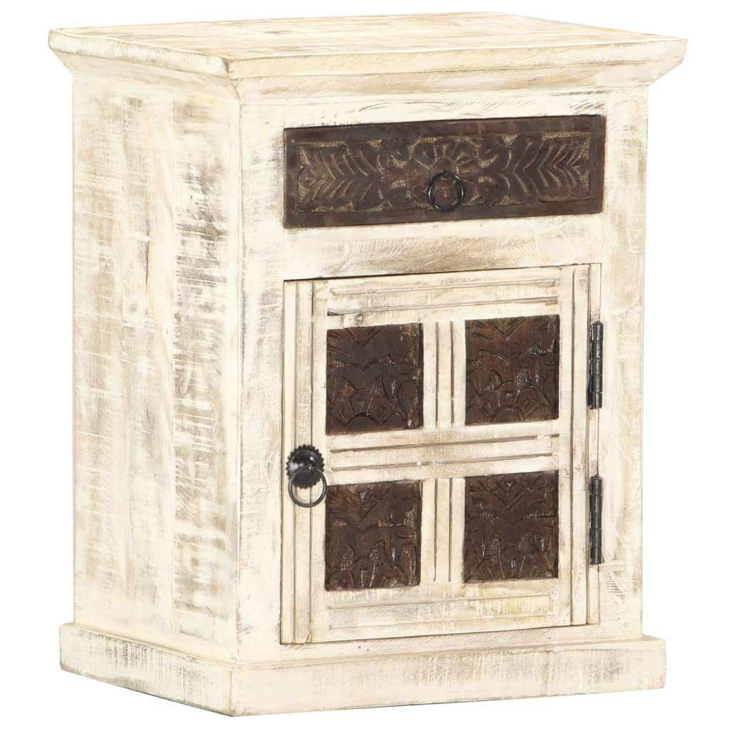 vidaXL Solid Mango Wood Bedside Cabinet with Door and Drawer – Vintage Style White Bedroom Nightstand offering Ample Storage Space with Classic Carved Pattern Design - Assembled